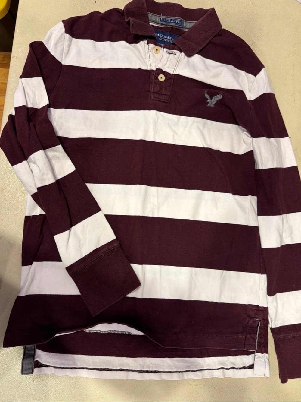 American Eagle Outfitters Men’s Maroon and White Striped Rugby Polo Shirt